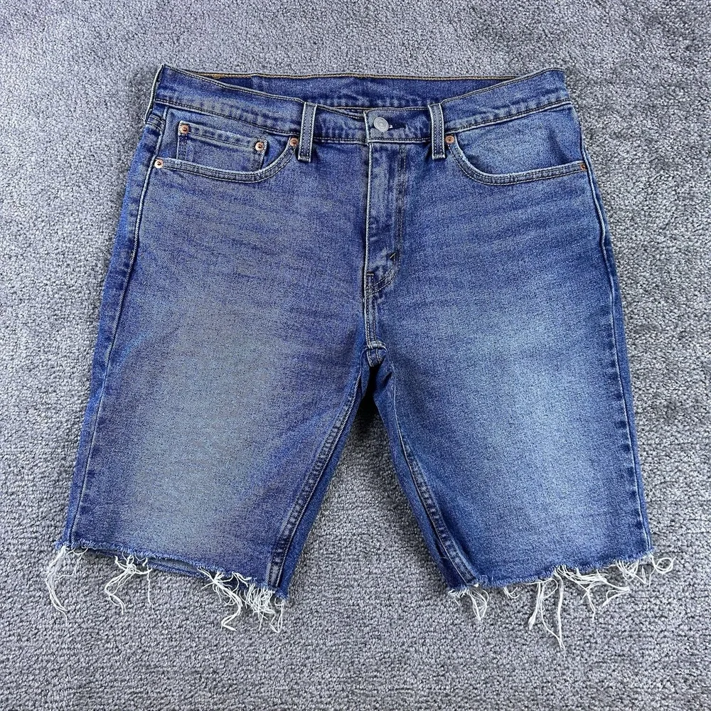 Levis 511 Slim Fit Cut Off Denim Shorts Mens 32 Blue Medium Wash Raw Hem Jorts
